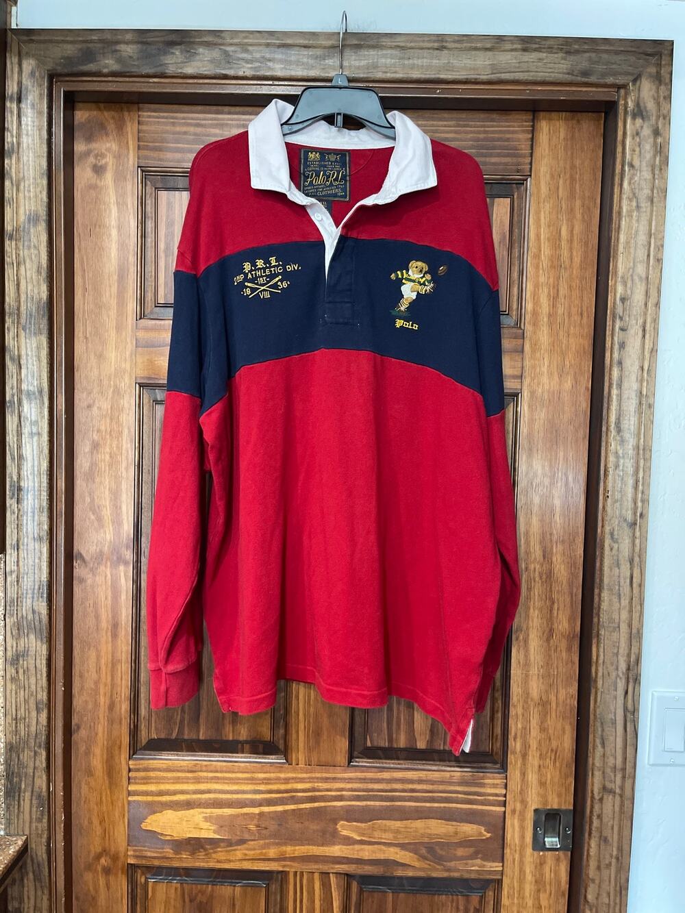 VTG Polo Ralph Lauren Kicking Bear Rugby Shirt XXL Red Navy Football
Classic XXL